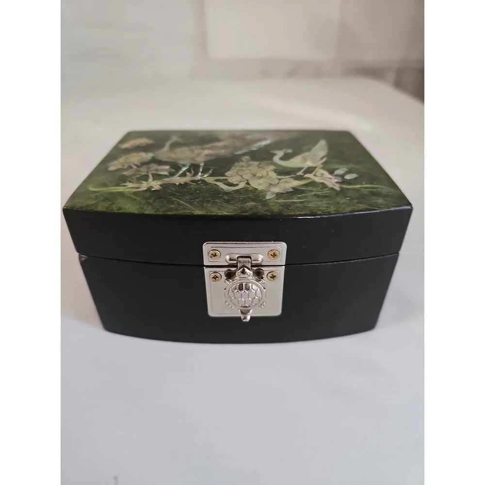 Vintage Korean Mother Of Pearl Lacquer Jewelry Box Peacock and Flower Inlay
